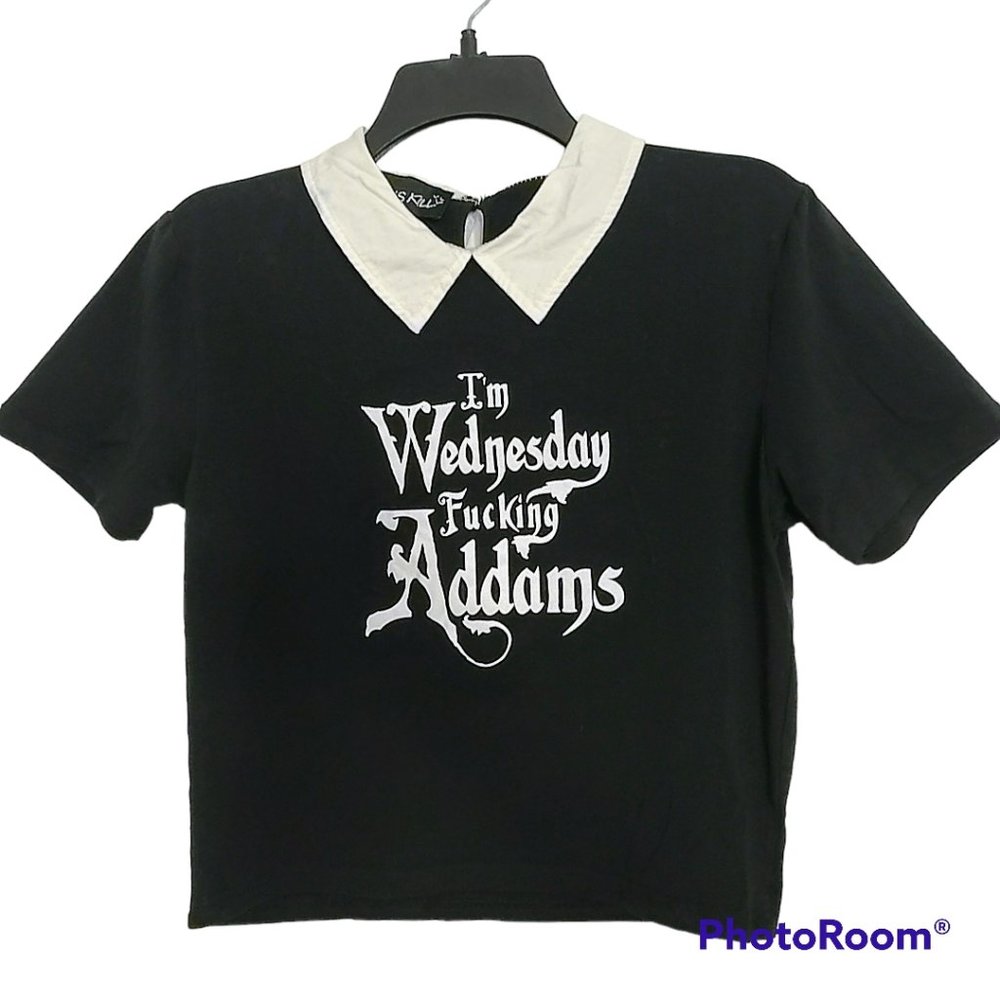 Dolls Kill I'm Wednesday Addams White Collared Black Short Sleeve Crop Top XL